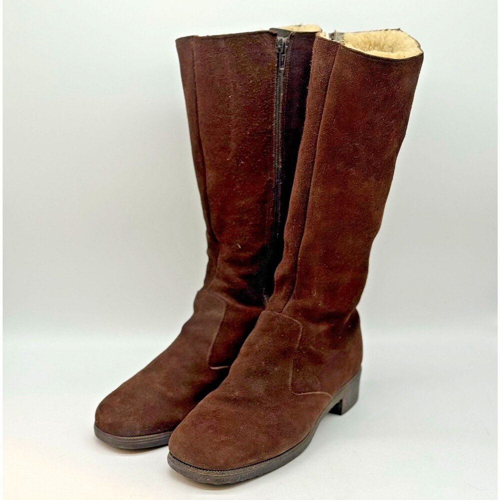 Vtg L.L. Bean Sheepskin Lined Suede Boots Women's 9M Brown Suede Winter Side Zip